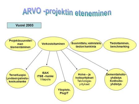 Vuosi 2003 Projektisuunnitel- man täsmentäminen Tiedottaminen, benchmarking Verkostoituminen Suunnittelu, valmistelu tiedon hankinta Hoiva – ja hoitoyritykset.