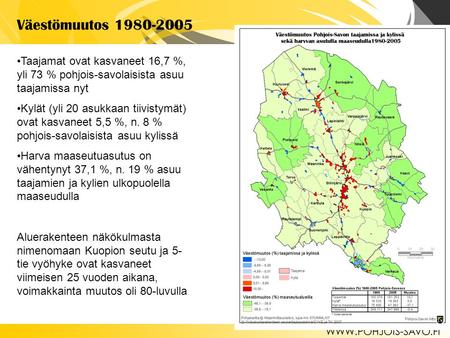 Väestömuutos 1980-2005 Taajamat ovat kasvaneet 16,7 %, yli 73 % pohjois-savolaisista asuu taajamissa nyt Kylät (yli 20 asukkaan tiivistymät) ovat kasvaneet.