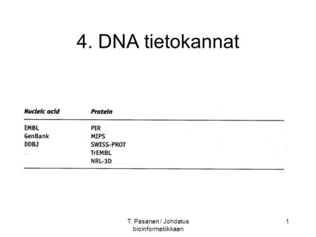T. Pasanen / Johdatus bioinformatiikkaan 1 4. DNA tietokannat.