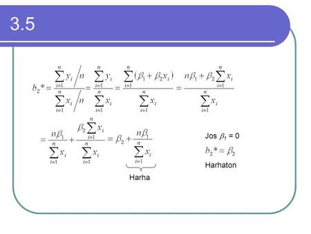 3.5 Harha Jos  1 = 0 Harhaton. 3.9 1. b 2 = 0,20, s.e.(b 2 ) = 0,07 H 0 :  2 = 0 H 1 :  2 ≠ 0  = 0,05 tai 0,01 n = 60 t.025 (58) = 2,00t.005 (58)
