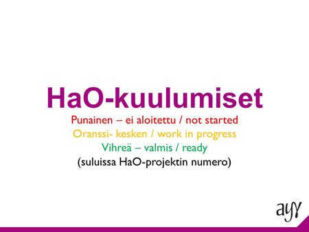 HaO-kuulumiset Punainen – ei aloitettu / not started Oranssi- kesken / work in progress Vihreä – valmis / ready (suluissa HaO-projektin numero)