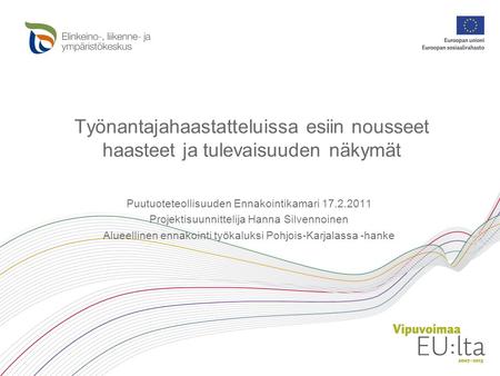 Työnantajahaastatteluissa esiin nousseet haasteet ja tulevaisuuden näkymät Puutuoteteollisuuden Ennakointikamari 17.2.2011 Projektisuunnittelija Hanna.