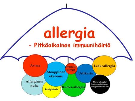 Allergia s. 88 Puolustusjärjestelmän epätarkoituksenmukainen reagointi ympäristössä esiintyviin aineisiin (proteiini / molekyyli / hiukkanen )  allergeenit.