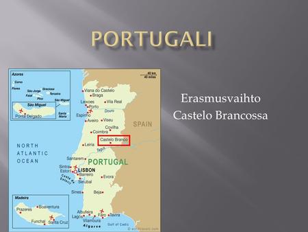 Erasmusvaihto Castelo Brancossa.  Asukkaita noin 30 600  Aikavyöhyke: 2 tuntia vähemmän kuin Suomessa  Espanjan raja lähellä, noin 30 kilometriä 