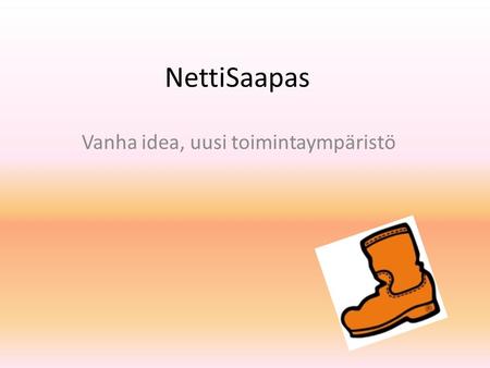 NettiSaapas Vanha idea, uusi toimintaympäristö. NettiSaappaalla samat Saappaan periaatteet etsivän työn menetelmin toteutettavaa auttamis- ja sielunhoitotyötä.