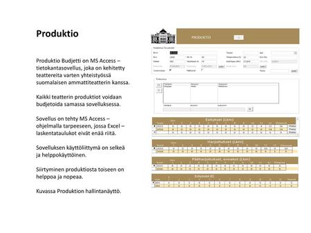 Produktio Produktio Budjetti on MS Access –tietokantasovellus, joka on kehitetty teattereita varten yhteistyössä suomalaisen ammattiteatterin kanssa. Kaikki.
