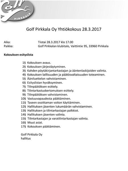 Golf Pirkkala Oy Yhtiökokous