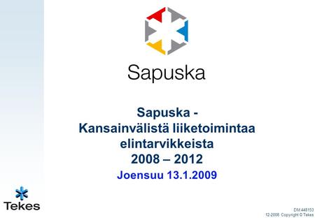 Sapuska - Kansainvälistä liiketoimintaa elintarvikkeista 2008 – 2012 Joensuu 13.1.2009 DM 448153 12-2008 Copyright © Tekes.