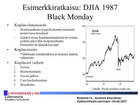 S ysteemianalyysin Laboratorio Teknillinen korkeakoulu Esitelmä 15 – Andreas Strandman Optimointiopin seminaari - Kevät 2007 Esimerkkiratkaisu: DJIA 1987.
