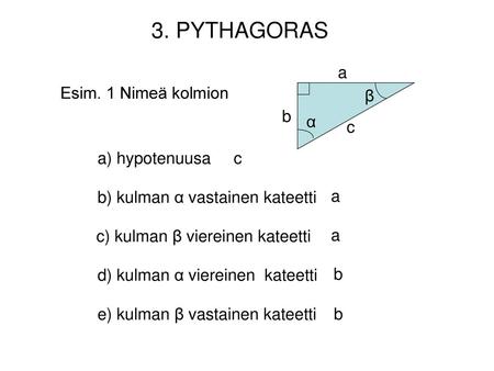3. PYTHAGORAS a Esim. 1 Nimeä kolmion β b α c a) hypotenuusa c