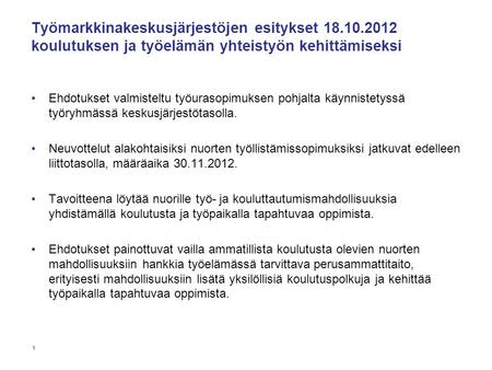 Työmarkkinakeskusjärjestöjen esitykset 18.10.2012 koulutuksen ja työelämän yhteistyön kehittämiseksi Ehdotukset valmisteltu työurasopimuksen pohjalta käynnistetyssä.