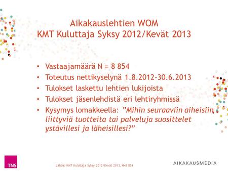 Aikakauslehtien WOM KMT Kuluttaja Syksy 2012/Kevät 2013 Lähde: KMT Kuluttaja Syksy 2012/Kevät 2013, N=8 854 Vastaajamäärä N = 8 854 Toteutus nettikyselynä.