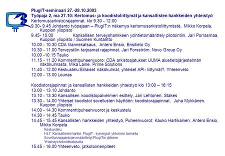 PlugIT-seminaari 27.-28.10.2003 Työpaja 2, ma 27.10: Kertomus- ja koodistoliittymät ja kansallisten hankkeiden yhteistyö Kertomus(arkisto)rajapinnat, klo.