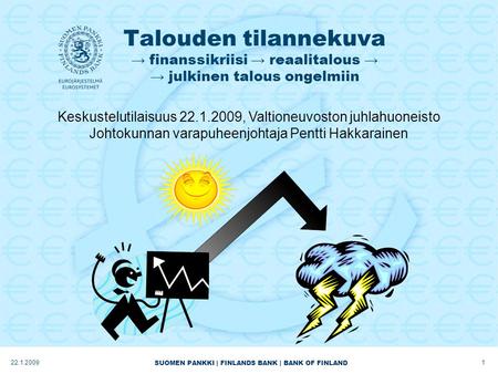 SUOMEN PANKKI | FINLANDS BANK | BANK OF FINLAND Talouden tilannekuva → finanssikriisi → reaalitalous → → julkinen talous ongelmiin 122.1.2009 Keskustelutilaisuus.