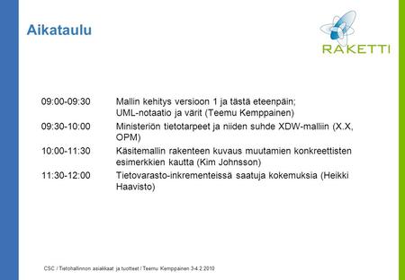 CSC / Tietohallinnon asiakkaat ja tuotteet / Teemu Kemppainen 3-4.2.2010 Aikataulu 09:00-09:30Mallin kehitys versioon 1 ja tästä eteenpäin; UML-notaatio.