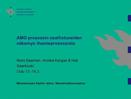 AMO prosessin osallistuneiden näkemys ihanneprosessista Ninni Saarinen, Annika Kangas & Heli Saarikoski Oulu 13.-14.3. Metsävarojen käytön laitos, Metsäntutkimuslaitos.
