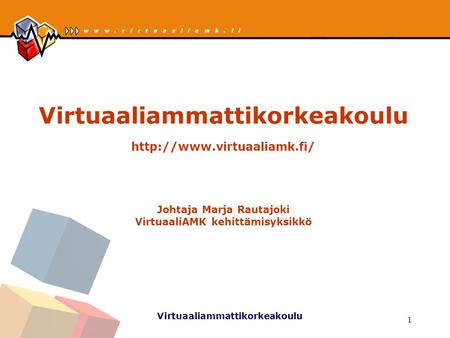 Virtuaaliammattikorkeakoulu 1 Virtuaaliammattikorkeakoulu  Johtaja Marja Rautajoki VirtuaaliAMK kehittämisyksikkö.