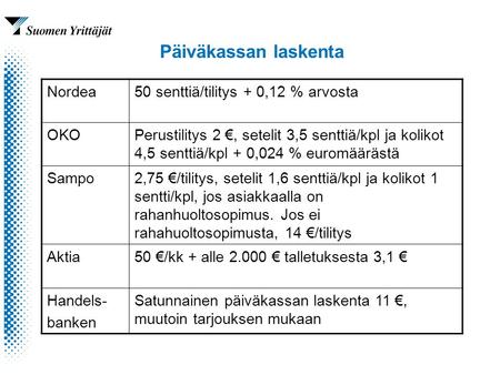 Päiväkassan laskenta Nordea50 senttiä/tilitys + 0,12 % arvosta OKOPerustilitys 2 €, setelit 3,5 senttiä/kpl ja kolikot 4,5 senttiä/kpl + 0,024 % euromäärästä.