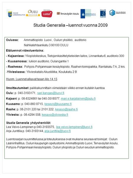 Studia Generalia –luennot vuonna 2009