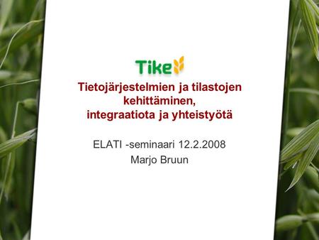 Tietojärjestelmien ja tilastojen kehittäminen, integraatiota ja yhteistyötä ELATI -seminaari 12.2.2008 Marjo Bruun.