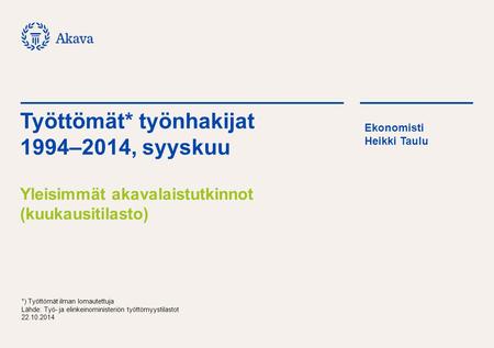 *) Työttömät ilman lomautettuja Lähde: Työ- ja elinkeinoministeriön työttömyystilastot 22.10.2014 Työttömät* työnhakijat 1994–2014, syyskuu Yleisimmät.