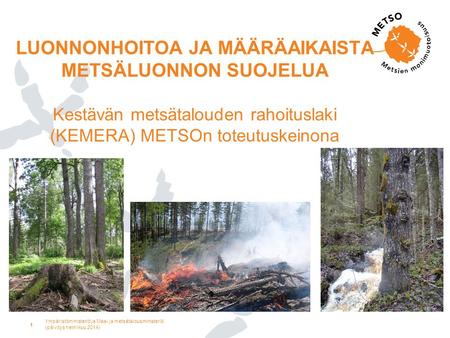 LUONNONHOITOA JA MÄÄRÄAIKAISTA METSÄLUONNON SUOJELUA Kestävän metsätalouden rahoituslaki (KEMERA) METSOn toteutuskeinona Ympäristöministeriö ja Maa- ja.