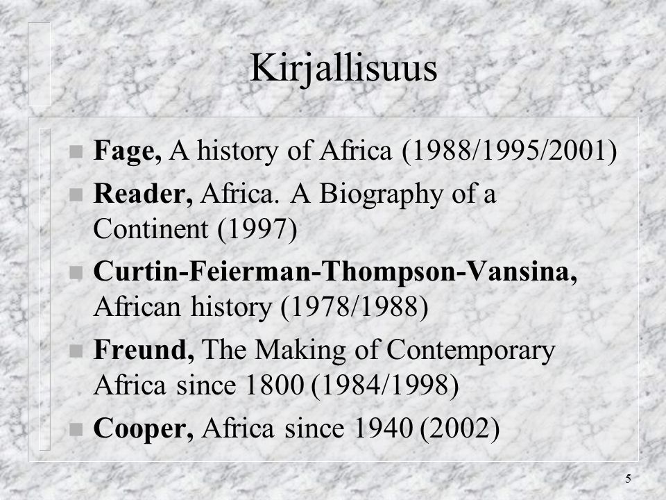 Kirjallisuus Fage, A history of Africa (1988/1995/2001)