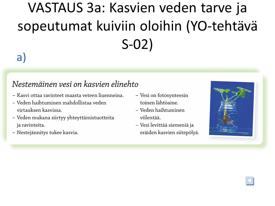 VASTAUS 3a: Kasvien veden tarve ja sopeutumat kuiviin oloihin (YO-tehtävä S-02)