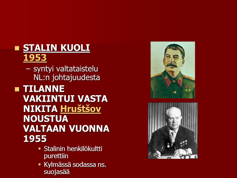 TILANNE VAKIINTUI VASTA NIKITA Hruštšov NOUSTUA VALTAAN VUONNA 1955