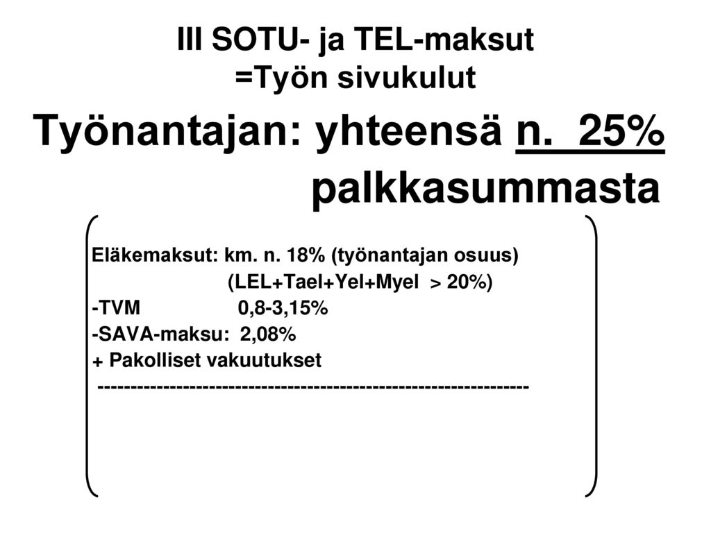 III SOTU- ja TEL-maksut =Työn sivukulut