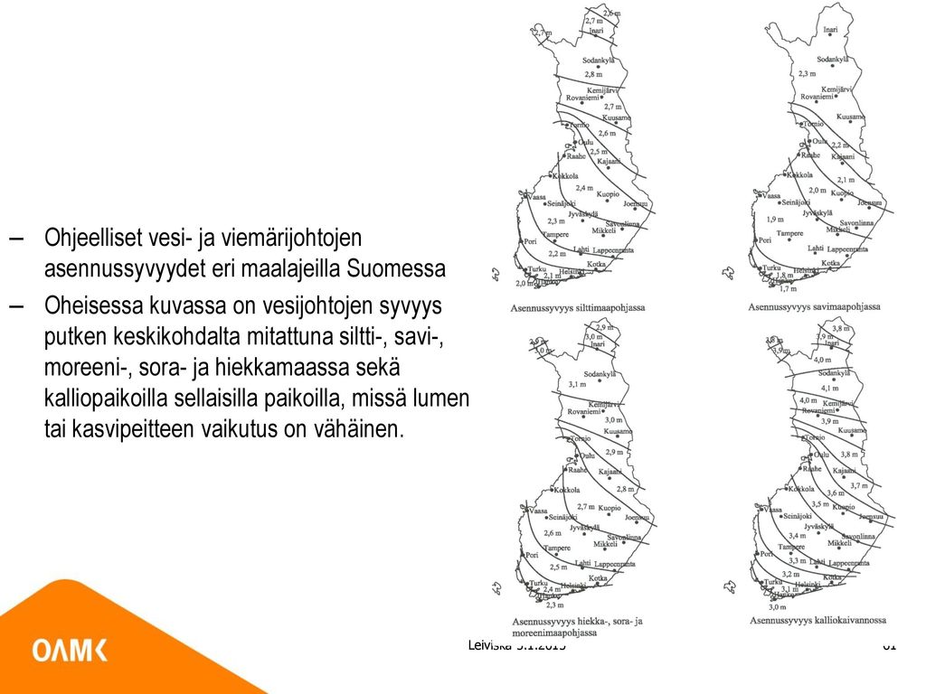 Ohjeelliset vesi- ja viemärijohtojen asennussyvyydet eri maalajeilla Suomessa