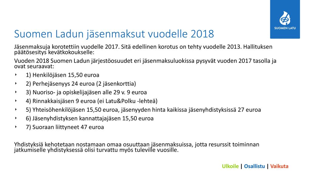 Suomen Ladun jäsenmaksut vuodelle 2018