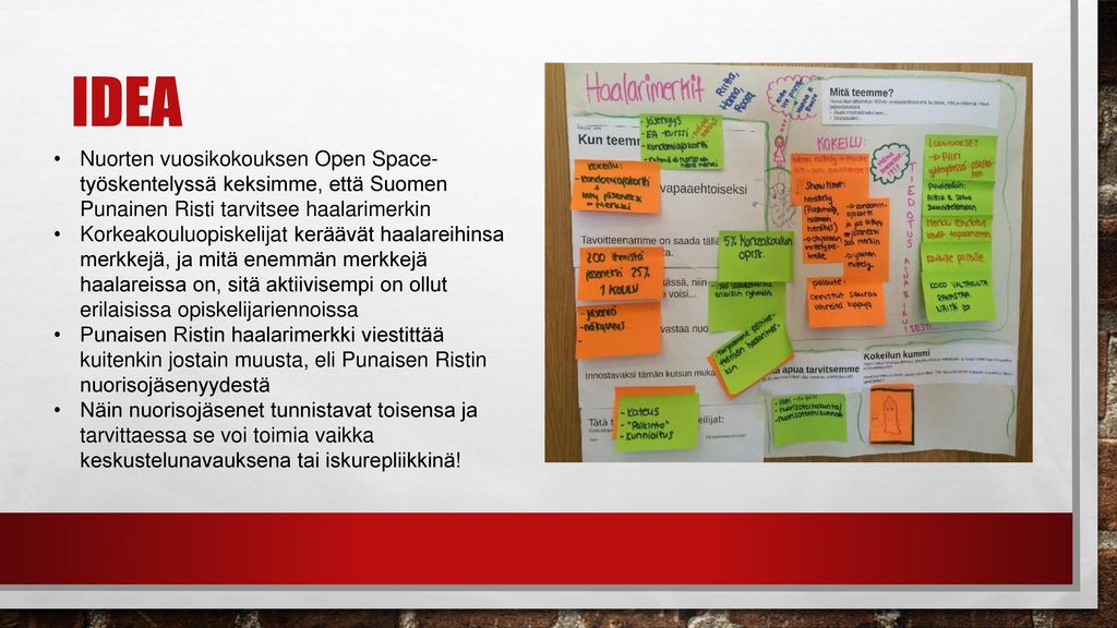 IDEA Nuorten vuosikokouksen Open Space- työskentelyssä keksimme, että Suomen Punainen Risti tarvitsee haalarimerkin.