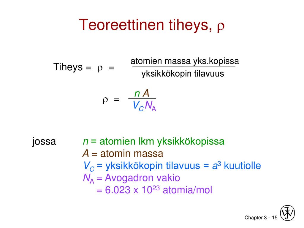 Teoreettinen tiheys, r Tiheys =  = n A  = VC NA