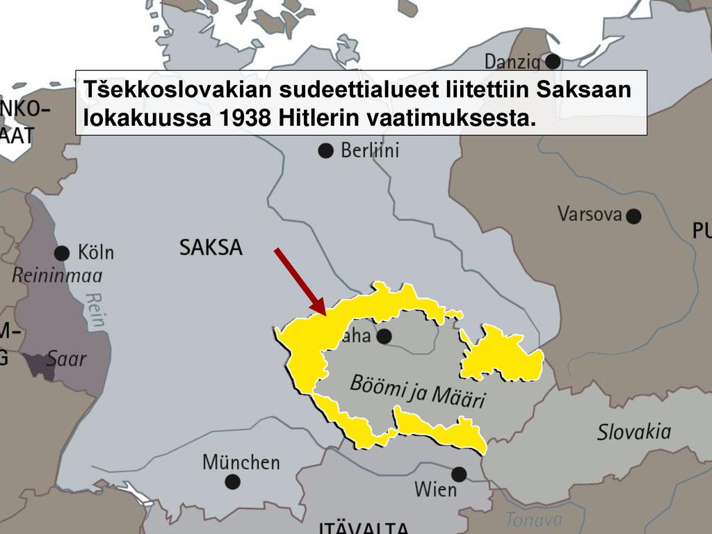 Tšekkoslovakian sudeettialueet liitettiin Saksaan