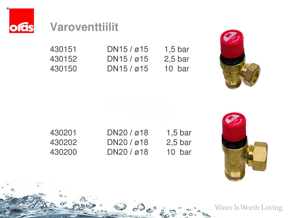 Varoventtiilit DN15 / ø15 1,5 bar DN15 / ø15 2,5 bar