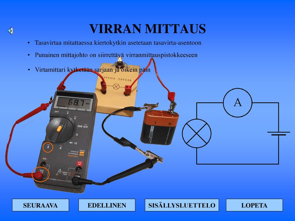 VIRRAN MITTAUS Tasavirtaa mitattaessa kiertokytkin asetetaan tasavirta-asentoon. Punainen mittajohto on siirrettävä virranmittauspistokkeeseen.
