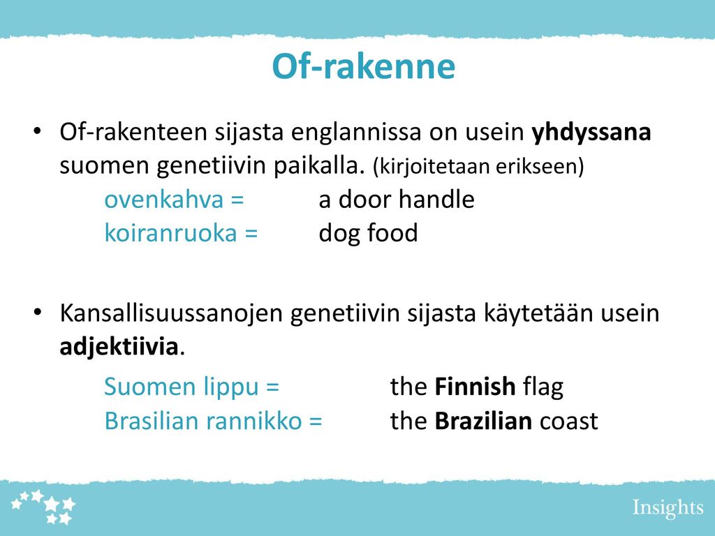 Of-rakenne Of-rakenteen sijasta englannissa on usein yhdyssana suomen genetiivin paikalla. (kirjoitetaan erikseen)