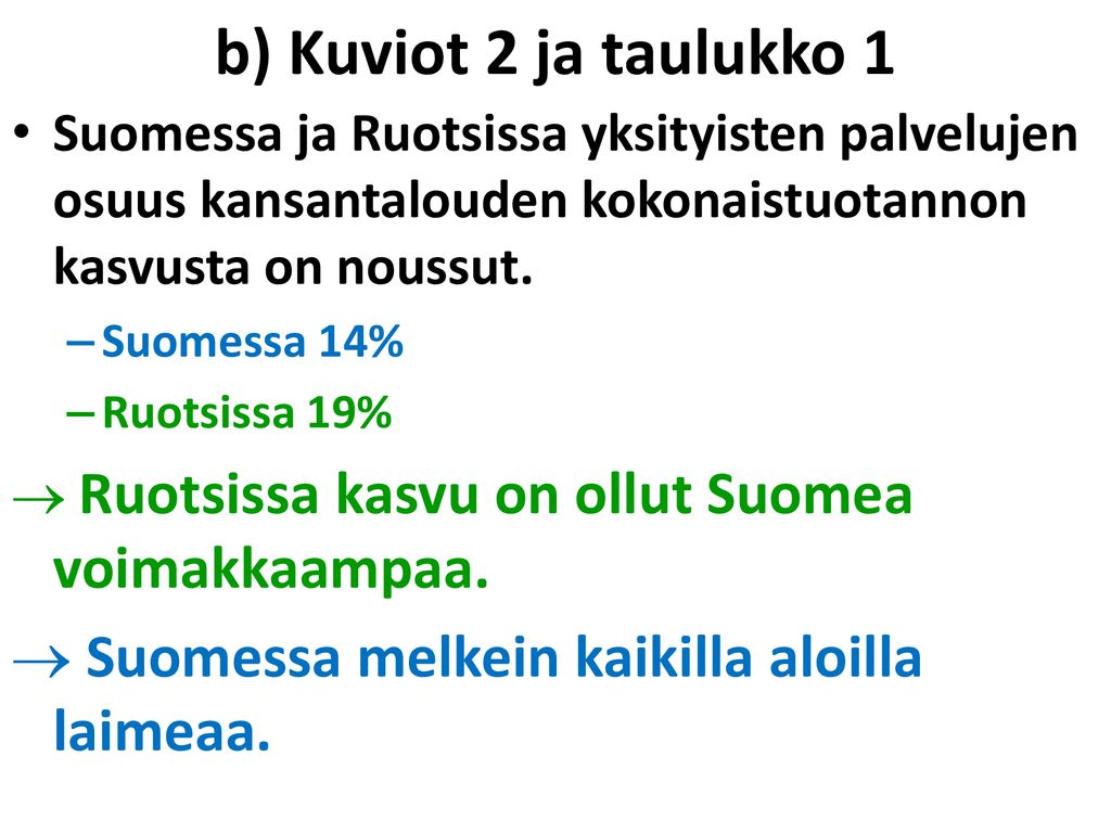 b) Kuviot 2 ja taulukko 1 Suomessa melkein kaikilla aloilla laimeaa.