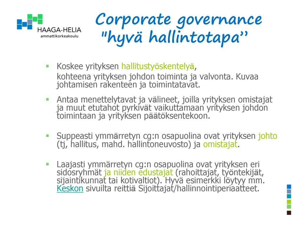 Corporate governance hyvä hallintotapa