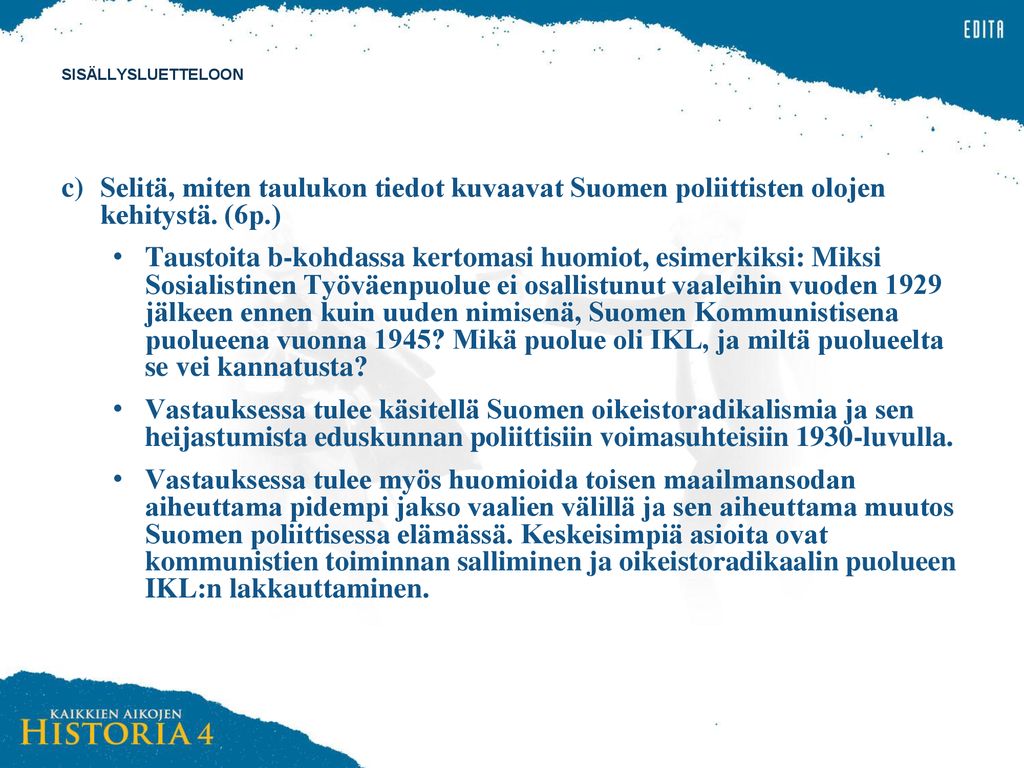 SISÄLLYSLUETTELOON c) Selitä, miten taulukon tiedot kuvaavat Suomen poliittisten olojen kehitystä. (6p.)