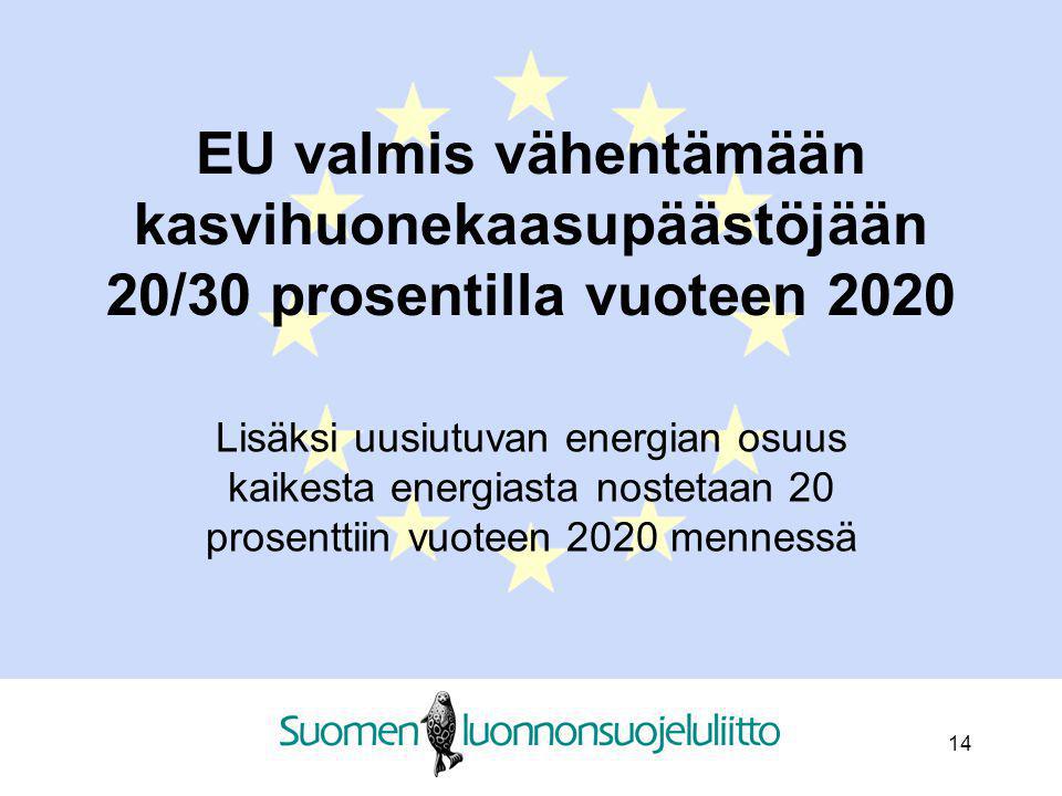 EU valmis vähentämään kasvihuonekaasupäästöjään 20/30 prosentilla vuoteen 2020