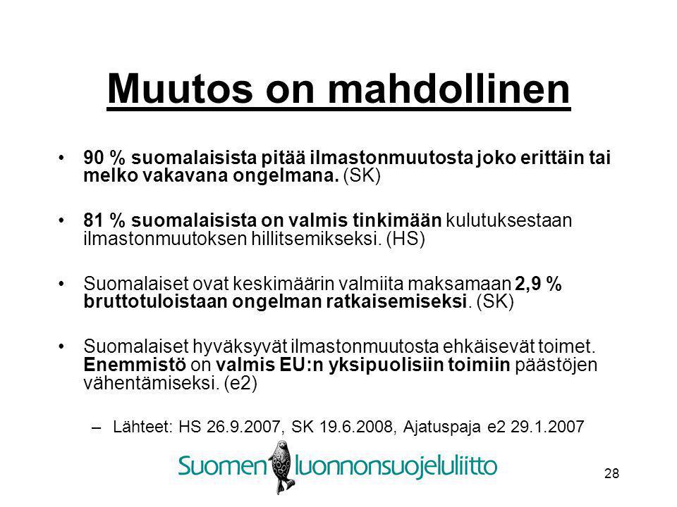 Muutos on mahdollinen 90 % suomalaisista pitää ilmastonmuutosta joko erittäin tai melko vakavana ongelmana. (SK)