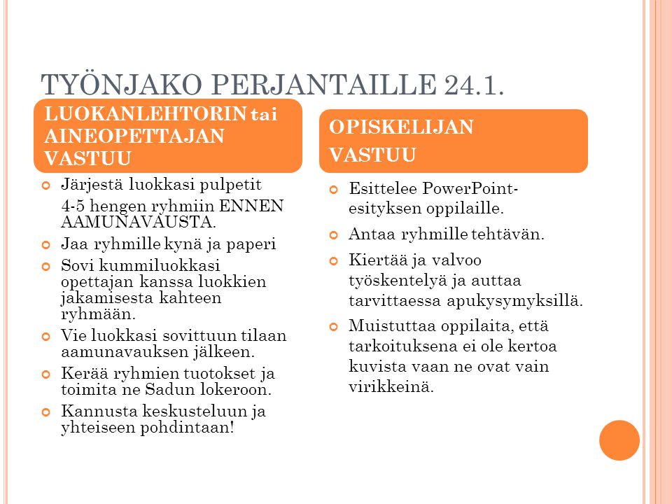 TYÖNJAKO PERJANTAILLE 24.1.