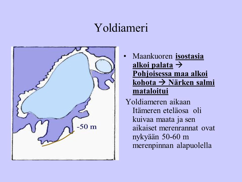 Yoldiameri Maankuoren isostasia alkoi palata  Pohjoisessa maa alkoi kohota  Närken salmi mataloitui.