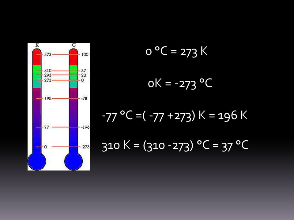 0 °C = 273 K 0K = -273 °C -77 °C =( ) K = 196 K 310 K = ( ) °C = 37 °C