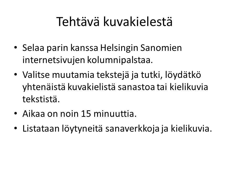 Tehtävä kuvakielestä Selaa parin kanssa Helsingin Sanomien internetsivujen kolumnipalstaa.
