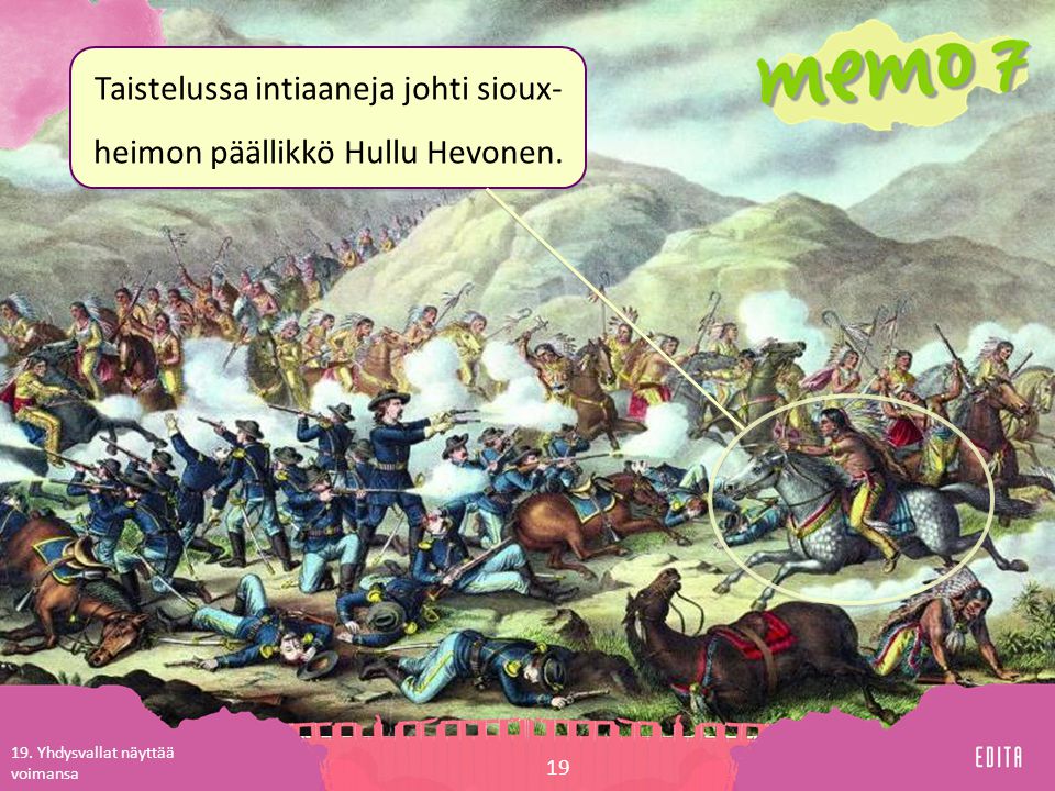 Taistelussa intiaaneja johti sioux-heimon päällikkö Hullu Hevonen.