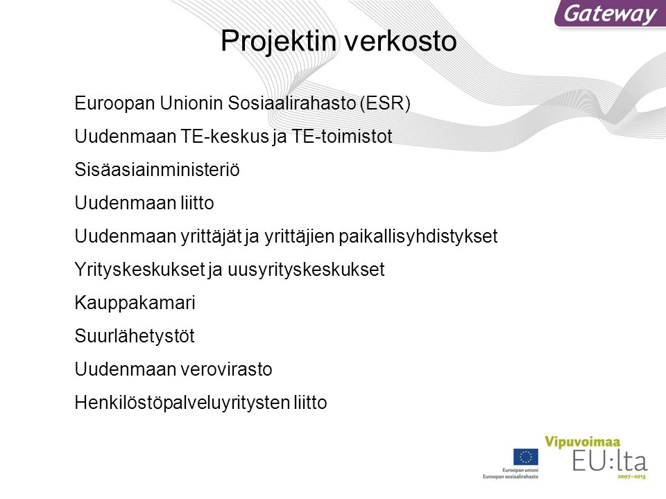 Projektin verkosto Euroopan Unionin Sosiaalirahasto (ESR)