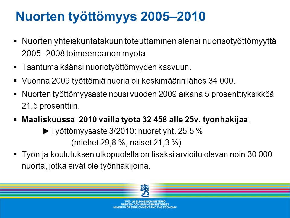 Nuorten työttömyys 2005–2010 Nuorten yhteiskuntatakuun toteuttaminen alensi nuorisotyöttömyyttä 2005–2008 toimeenpanon myötä.